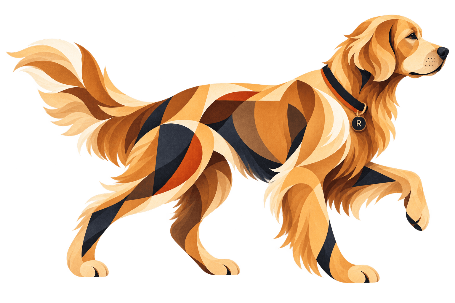 A golden retriever in motion, illustrated in Reperire amber and ink tones.